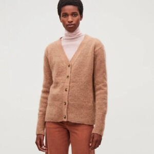COS Camel Mohair Wool Blend Cardigan Knit Sweater V-Neck S EUC